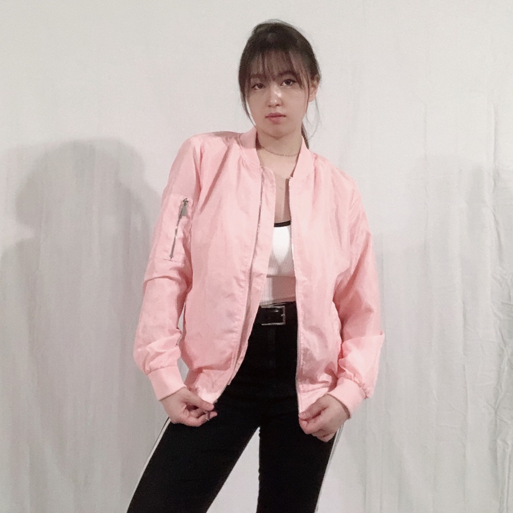 Ambiance Pink Bomber Jacket Zipper Mock Neck
